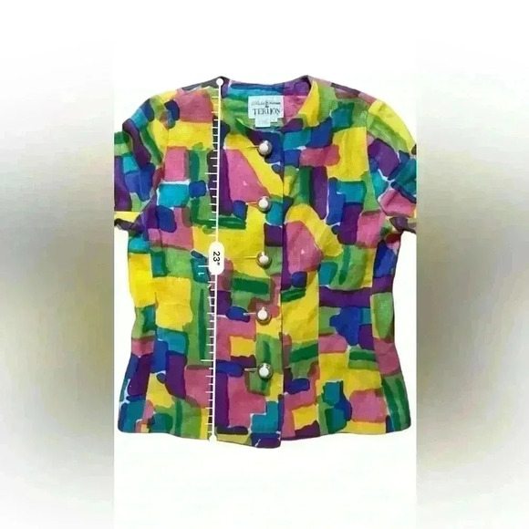 Rickie Freeman Teri Jon Blazer Womens 4 Bright Paint Print Linen Crop Jacket - Picture 5 of 5